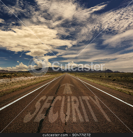 To use this stock image in your creative project, please select the size you need over to the right and click the "Add to Cart" button.
Your downloaded image will come with the Cutcaster watermark removed so don’t worry about the watermark you see on this page. Conceptual Image of Road With the Word Security stock photo, Conceptual image of desert road with the word security and arrow by Scott Griessel