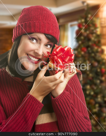 To use this stock image in your creative project, please select the size you need over to the right and click the "Add to Cart" button.
Your downloaded image will come with the Cutcaster watermark removed so don’t worry about the watermark you see on this page. Woman Holding Wrapped Gift in Christmas Setting stock photo, Happy Woman Holding Wrapped Gift in Christmas Setting. by Andy Dean