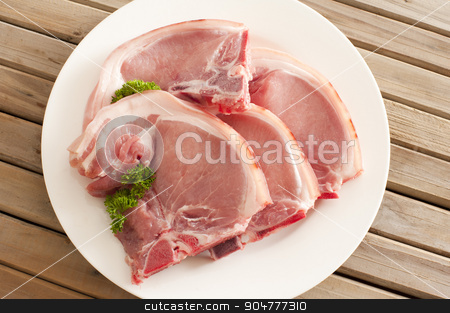 To use this stock image in your creative project, please select the size you need over to the right and click the "Add to Cart" button.
Your downloaded image will come with the Cutcaster watermark removed so don’t worry about the watermark you see on this page. Four raw pork cutlets on a plate stock photo, Four raw pork cutlets with fatty rind displayed ready for cooking on a plate on a wooden table, overhead view by Stephen Gibson