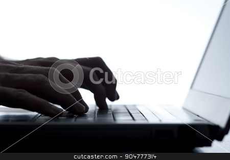 To use this stock image in your creative project, please select the size you need over to the right and click the "Add to Cart" button.
Your downloaded image will come with the Cutcaster watermark removed so don’t worry about the watermark you see on this page. Person typing on a laptop keyboard stock photo, Low angle silhouette of the hands of a person typing on a laptop keyboard isolated on white with copyspace by Stephen Gibson