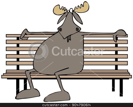 To use this stock image in your creative project, please select the size you need over to the right and click the "Add to Cart" button.
Your downloaded image will come with the Cutcaster watermark removed so don’t worry about the watermark you see on this page. Moose sitting on a park bench stock photo, Illustration depicting a bull moose sitting on a park bench. by Dennis Cox