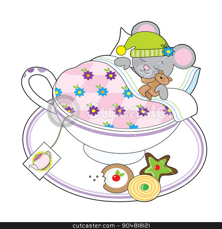 To use this stock image in your creative project, please select the size you need over to the right and click the "Add to Cart" button.
Your downloaded image will come with the Cutcaster watermark removed so don’t worry about the watermark you see on this page. Teacup Mouse stock vector clipart, A little grey mouse and his teddy bear are asleep in a teacup. by Maria Bell