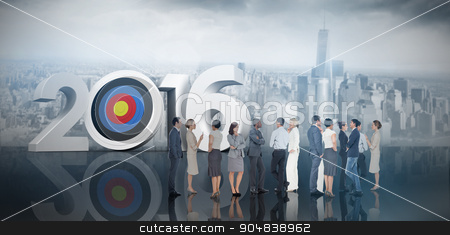 To use this stock image in your creative project, please select the size you need over to the right and click the "Add to Cart" button.
Your downloaded image will come with the Cutcaster watermark removed so don’t worry about the watermark you see on this page. Composite image of many business people standing in a line stock photo, Many business people standing in a line against room with large window looking on city by Wavebreak Media