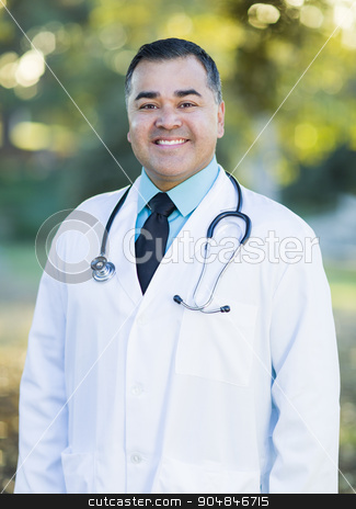 To use this stock image in your creative project, please select the size you need over to the right and click the "Add to Cart" button.
Your downloaded image will come with the Cutcaster watermark removed so don’t worry about the watermark you see on this page. Hispanic Male Doctor Portrait Outdoors stock photo, Smiling Handsome Hispanic Male Doctor Portrait Outdoors. by Andy Dean