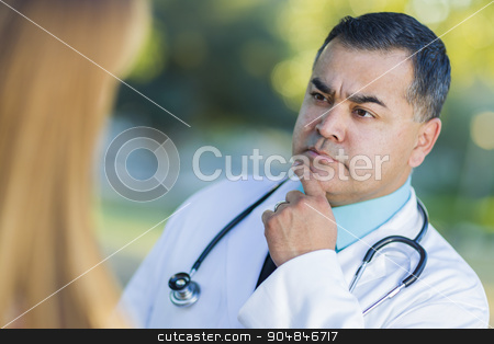 To use this stock image in your creative project, please select the size you need over to the right and click the "Add to Cart" button.
Your downloaded image will come with the Cutcaster watermark removed so don’t worry about the watermark you see on this page. Hispanic Male Doctor or Nurse Talking With a Patient stock photo, Hispanic Male Doctor or Nurse Talking With a Patient Outdoors. by Andy Dean