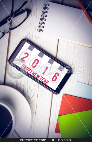 To use this stock image in your creative project, please select the size you need over to the right and click the "Add to Cart" button.
Your downloaded image will come with the Cutcaster watermark removed so don’t worry about the watermark you see on this page. Composite image of happy new year stock photo, Happy New Year against overhead view of an desk by Wavebreak Media
