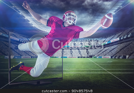 To use this stock image in your creative project, please select the size you need over to the right and click the "Add to Cart" button.
Your downloaded image will come with the Cutcaster watermark removed so don’t worry about the watermark you see on this page. Composite image of american football player scoring a touchdown stock photo, American football player scoring a touchdown against rugby stadium by Wavebreak Media