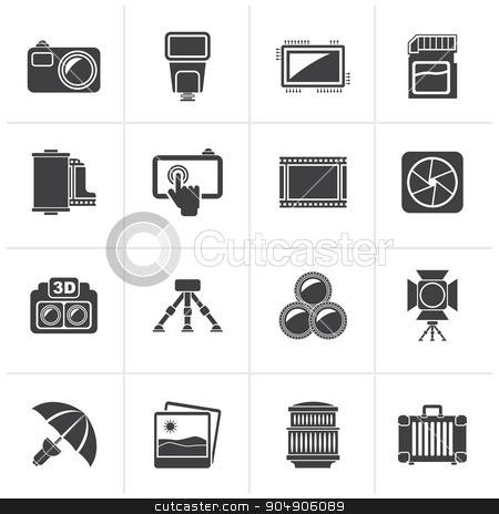 To use this stock image in your creative project, please select the size you need over to the right and click the "Add to Cart" button.
Your downloaded image will come with the Cutcaster watermark removed so don’t worry about the watermark you see on this page. Black Photography equipment icons stock vector clipart, Black Photography equipment icons - vector icon set by Stoyan Haytov
