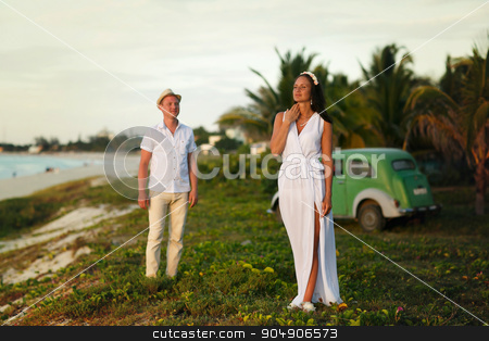 To use this stock image in your creative project, please select the size you need over to the right and click the "Add to Cart" button.
Your downloaded image will come with the Cutcaster watermark removed so don’t worry about the watermark you see on this page. stylish couple standing on the beach and palms stock photo, stylish couple standing on the beach and palms by Volodymyr Ivash