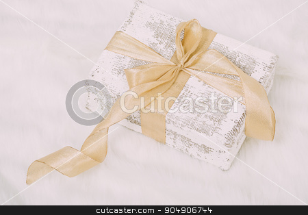 To use this stock image in your creative project, please select the size you need over to the right and click the "Add to Cart" button.
Your downloaded image will come with the Cutcaster watermark removed so don’t worry about the watermark you see on this page. Shabby chic gift with golden ribbon on white background stock photo, Beautiful Christmas gift on fluffy carpet by sunapple