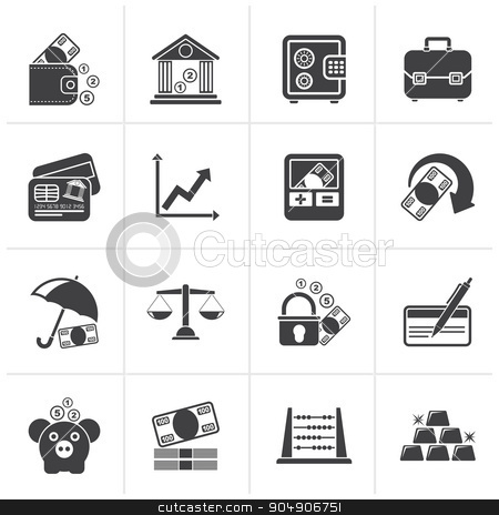 To use this stock image in your creative project, please select the size you need over to the right and click the "Add to Cart" button.
Your downloaded image will come with the Cutcaster watermark removed so don’t worry about the watermark you see on this page. Black Business, finance and bank icons stock vector clipart, Black Business, finance and bank icons - vector icon set by Stoyan Haytov