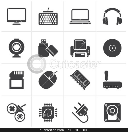To use this stock image in your creative project, please select the size you need over to the right and click the "Add to Cart" button.
Your downloaded image will come with the Cutcaster watermark removed so don’t worry about the watermark you see on this page. Black Computer peripherals and accessories icons stock vector clipart, Black Computer peripherals and accessories icons - vector icon set by Stoyan Haytov