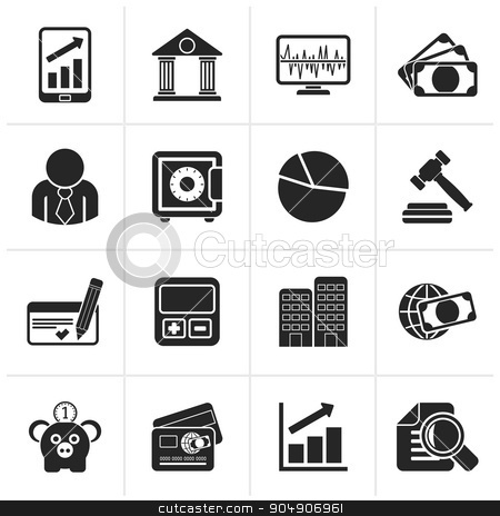 To use this stock image in your creative project, please select the size you need over to the right and click the "Add to Cart" button.
Your downloaded image will come with the Cutcaster watermark removed so don’t worry about the watermark you see on this page. Black Business, finance and bank icons stock vector clipart, Black Business, finance and bank icons - vector icon set by Stoyan Haytov