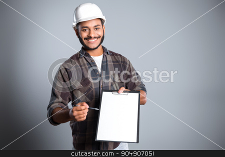 To use this stock image in your creative project, please select the size you need over to the right and click the "Add to Cart" button.
Your downloaded image will come with the Cutcaster watermark removed so don’t worry about the watermark you see on this page. Freestyle photo with young mulatto stock photo, Young mixed race man with beard and helmet standing on grey background. Young builder smiling and proposing to fill form by Dmytro Sidelnikov