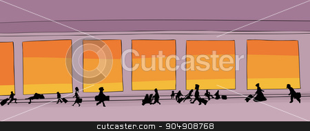 To use this stock image in your creative project, please select the size you need over to the right and click the "Add to Cart" button.
Your downloaded image will come with the Cutcaster watermark removed so don’t worry about the watermark you see on this page. Travelers Walking Through Corridor stock vector clipart, Cartoon drawing of travelers walking through hallway by Eric Basir