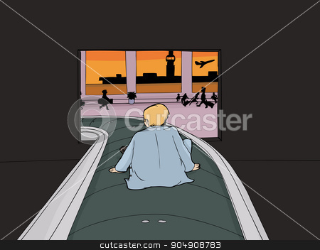 To use this stock image in your creative project, please select the size you need over to the right and click the "Add to Cart" button.
Your downloaded image will come with the Cutcaster watermark removed so don’t worry about the watermark you see on this page. Man Emerging as Luggage stock vector clipart, Bewildered man seated on carousel as baggage in airport by Eric Basir