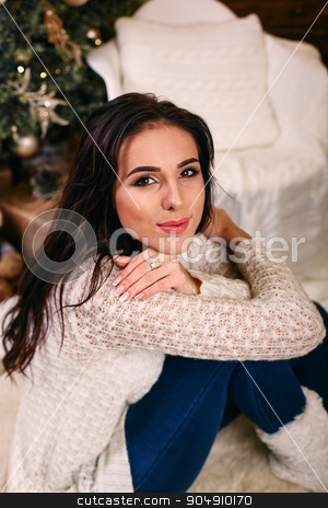 To use this stock image in your creative project, please select the size you need over to the right and click the "Add to Cart" button.
Your downloaded image will come with the Cutcaster watermark removed so don’t worry about the watermark you see on this page. Portrait of young woman sitting near christmas tree stock photo, Portrait of young woman sitting near christmas tree by mykhalets
