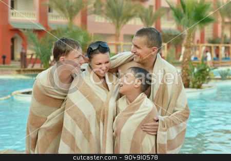 To use this stock image in your creative project, please select the size you need over to the right and click the "Add to Cart" button.
Your downloaded image will come with the Cutcaster watermark removed so don’t worry about the watermark you see on this page. Happy family near swimming pool stock photo, Happy family covered with towels near swimming pool by Ruslan Huzau