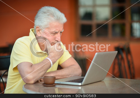 To use this stock image in your creative project, please select the size you need over to the right and click the "Add to Cart" button.
Your downloaded image will come with the Cutcaster watermark removed so don’t worry about the watermark you see on this page. senior man with laptop stock photo, senior man sitting with laptop and coffee in hotel by Ruslan Huzau