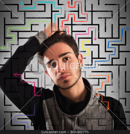 To use this stock image in your creative project, please select the size you need over to the right and click the "Add to Cart" button.
Your downloaded image will come with the Cutcaster watermark removed so don’t worry about the watermark you see on this page. Thoughtful teenager stock photo, Boy with thoughtful expression with maze background by Federico Caputo