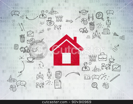 To use this stock image in your creative project, please select the size you need over to the right and click the "Add to Cart" button.
Your downloaded image will come with the Cutcaster watermark removed so don’t worry about the watermark you see on this page. Finance concept: Home on Digital Paper background stock photo, Finance concept: Painted red Home icon on Digital Paper background with Scheme Of Hand Drawn Business Icons by mkabakov