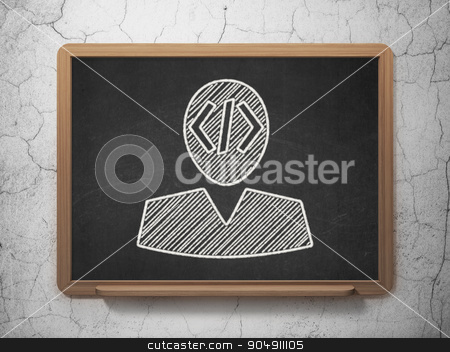 To use this stock image in your creative project, please select the size you need over to the right and click the "Add to Cart" button.
Your downloaded image will come with the Cutcaster watermark removed so don’t worry about the watermark you see on this page. Software concept: Programmer on chalkboard background stock photo, Software concept: Programmer icon on Black chalkboard on grunge wall background by mkabakov