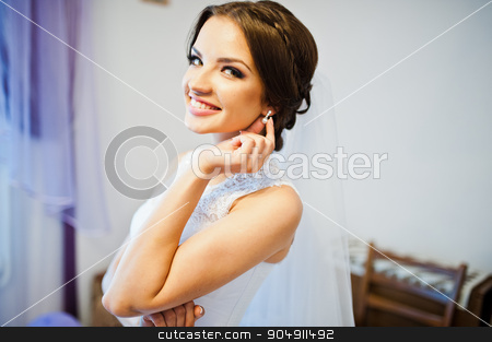 To use this stock image in your creative project, please select the size you need over to the right and click the "Add to Cart" button.
Your downloaded image will come with the Cutcaster watermark removed so don’t worry about the watermark you see on this page. Portrait of smiled cute brunette bride stock photo, Portrait of smiled cute brunette bride by Andrii Shevchuk