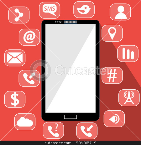 To use this stock image in your creative project, please select the size you need over to the right and click the "Add to Cart" button.
Your downloaded image will come with the Cutcaster watermark removed so don’t worry about the watermark you see on this page. Flat vector illustration of modern Mobile phone with different icons stock vector clipart, Flat vector illustration of modern Mobile phone with different icons by Vladimir Khapaev