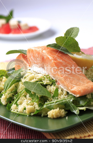 To use this stock image in your creative project, please select the size you need over to the right and click the "Add to Cart" button.
Your downloaded image will come with the Cutcaster watermark removed so don’t worry about the watermark you see on this page. Salmon fillet with couscous stock photo, Salmon fillet with couscous and rocket salad garnished with fresh sage leaves by Digifoodstock