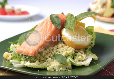 To use this stock image in your creative project, please select the size you need over to the right and click the "Add to Cart" button.
Your downloaded image will come with the Cutcaster watermark removed so don’t worry about the watermark you see on this page. Salmon fillet with couscous stock photo, Salmon fillet with couscous and rocket salad garnished with fresh sage leaves by Digifoodstock