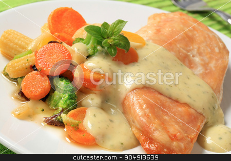 To use this stock image in your creative project, please select the size you need over to the right and click the "Add to Cart" button.
Your downloaded image will come with the Cutcaster watermark removed so don’t worry about the watermark you see on this page. Chicken breast and mixed vegetables poured with sauce stock photo, Chicken breast and mixed vegetables poured with cream sauce by Digifoodstock