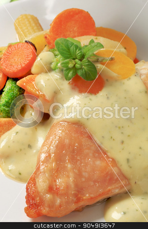To use this stock image in your creative project, please select the size you need over to the right and click the "Add to Cart" button.
Your downloaded image will come with the Cutcaster watermark removed so don’t worry about the watermark you see on this page. Chicken breast and mixed vegetables poured with sauce stock photo, Chicken breast and mixed vegetables poured with cream sauce by Digifoodstock