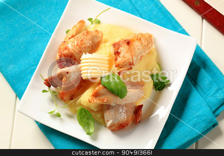 To use this stock image in your creative project, please select the size you need over to the right and click the "Add to Cart" button.
Your downloaded image will come with the Cutcaster watermark removed so don’t worry about the watermark you see on this page. Chicken and mashed potato stock photo, Pieces of roasted chicken on bed of mashed potato by Digifoodstock