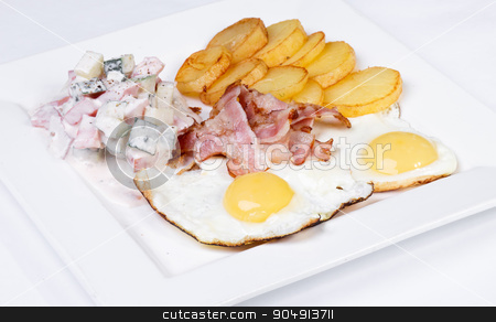 To use this stock image in your creative project, please select the size you need over to the right and click the "Add to Cart" button.
Your downloaded image will come with the Cutcaster watermark removed so don’t worry about the watermark you see on this page. Young brunette lady with beautiful hair stock photo, Plate of delicious breakfast with bacon, eggs, tomatoes, potatoes and salad on white background by ALEKSANDR