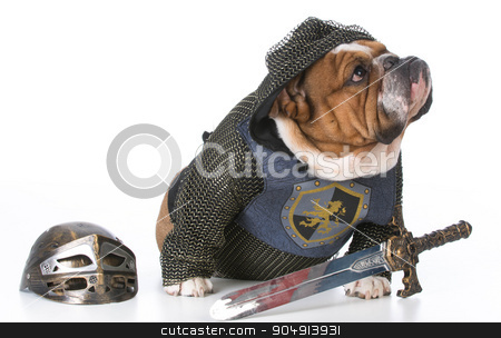 To use this stock image in your creative project, please select the size you need over to the right and click the "Add to Cart" button.
Your downloaded image will come with the Cutcaster watermark removed so don’t worry about the watermark you see on this page. guard dog stock photo, bulldog dressed up like a knight on white background by John McAllister
