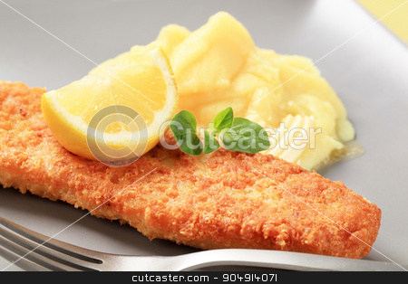 To use this stock image in your creative project, please select the size you need over to the right and click the "Add to Cart" button.
Your downloaded image will come with the Cutcaster watermark removed so don’t worry about the watermark you see on this page. Fried fish with mashed potato stock photo, Fried battered fish fillet with potato puree and lemon by Digifoodstock