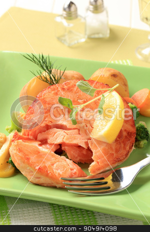 To use this stock image in your creative project, please select the size you need over to the right and click the "Add to Cart" button.
Your downloaded image will come with the Cutcaster watermark removed so don’t worry about the watermark you see on this page. Salmon patty with mixed vegetables stock photo, Salmon burger patty with mixed vegetables and potatoes by Digifoodstock