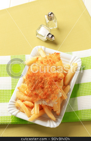 To use this stock image in your creative project, please select the size you need over to the right and click the "Add to Cart" button.
Your downloaded image will come with the Cutcaster watermark removed so don’t worry about the watermark you see on this page. Fish and chips stock photo, Fried breaded fish fillet with French fries by Digifoodstock