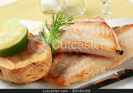 To use this stock image in your creative project, please select the size you need over to the right and click the "Add to Cart" button.
Your downloaded image will come with the Cutcaster watermark removed so don’t worry about the watermark you see on this page. Skinless fish fillets with baked potato half stock photo, Pan fried fish fillets with roasted potato by Digifoodstock