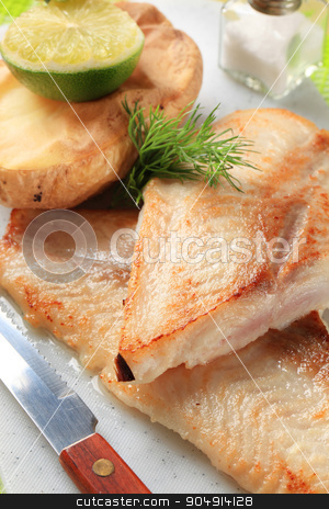 To use this stock image in your creative project, please select the size you need over to the right and click the "Add to Cart" button.
Your downloaded image will come with the Cutcaster watermark removed so don’t worry about the watermark you see on this page. Skinless fish fillets with baked potato half stock photo, Pan fried fish fillets with roasted potato by Digifoodstock