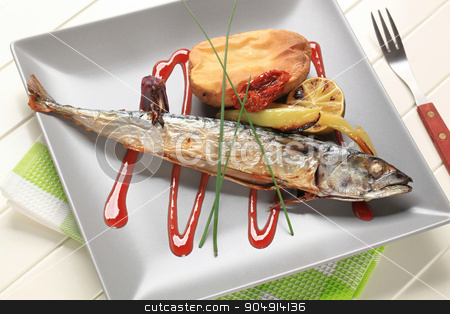 To use this stock image in your creative project, please select the size you need over to the right and click the "Add to Cart" button.
Your downloaded image will come with the Cutcaster watermark removed so don’t worry about the watermark you see on this page. Simple baked mackerel recipe stock photo, Roasted whole mackerel with potato and raspberry balsamic reduction by Digifoodstock