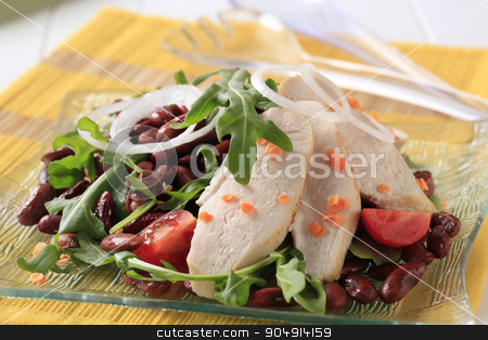 To use this stock image in your creative project, please select the size you need over to the right and click the "Add to Cart" button.
Your downloaded image will come with the Cutcaster watermark removed so don’t worry about the watermark you see on this page. Chicken breast fillet with lentil and bean salad stock photo, Slices of chicken breast fillet with lentil and bean salad by Digifoodstock
