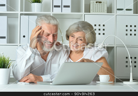 To use this stock image in your creative project, please select the size you need over to the right and click the "Add to Cart" button.
Your downloaded image will come with the Cutcaster watermark removed so don’t worry about the watermark you see on this page. happy senior couple with laptop stock photo, happy senior couple with laptop in office by Ruslan Huzau