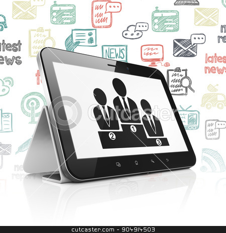 To use this stock image in your creative project, please select the size you need over to the right and click the "Add to Cart" button.
Your downloaded image will come with the Cutcaster watermark removed so don’t worry about the watermark you see on this page. News concept: Tablet Computer with Business Team on display stock photo, News concept: Tablet Computer with black Business Team icon on display, Hand Drawn News Icons background by mkabakov
