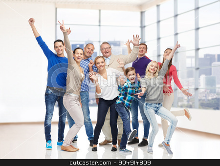 To use this stock image in your creative project, please select the size you need over to the right and click the "Add to Cart" button.
Your downloaded image will come with the Cutcaster watermark removed so don’t worry about the watermark you see on this page. group of smiling people having fun stock photo, family, gender, generation and people concept - group of happy men, women and boy having fun and waving hands over empty office room or home by Syda Productions