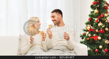 To use this stock image in your creative project, please select the size you need over to the right and click the "Add to Cart" button.
Your downloaded image will come with the Cutcaster watermark removed so don’t worry about the watermark you see on this page. happy couple at home with christmas tree stock photo, family, christmas, holidays, love and people concept - happy couple covered with plaid drinking tea and sitting on sofa at home by Syda Productions