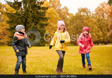 To use this stock image in your creative project, please select the size you need over to the right and click the "Add to Cart" button.
Your downloaded image will come with the Cutcaster watermark removed so don’t worry about the watermark you see on this page. group of happy little kids running outdoors stock photo, autumn, childhood, leisure and people concept - group of happy little kids playing tag game and running in park outdoors by Syda Productions