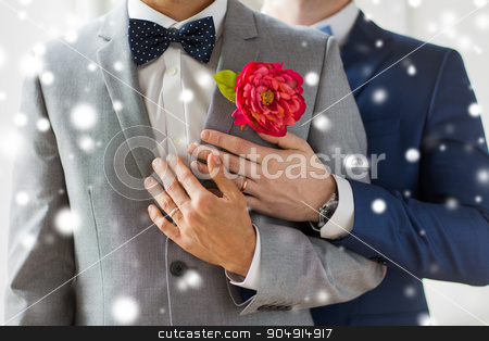 To use this stock image in your creative project, please select the size you need over to the right and click the "Add to Cart" button.
Your downloaded image will come with the Cutcaster watermark removed so don’t worry about the watermark you see on this page. close up of happy male gay couple stock photo, people, homosexuality, same-sex marriage and love concept - close up of happy married male gay couple in suits with buttonholes and bow-ties on wedding over snow effect by Syda Productions