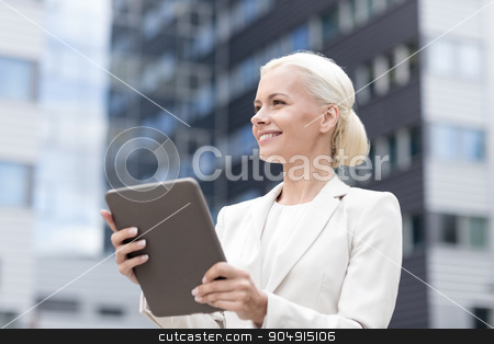 To use this stock image in your creative project, please select the size you need over to the right and click the "Add to Cart" button.
Your downloaded image will come with the Cutcaster watermark removed so don’t worry about the watermark you see on this page. smiling businesswoman with tablet pc outdoors stock photo, business, education, technology and people concept - smiling businesswoman working with tablet pc computer on city street by Syda Productions