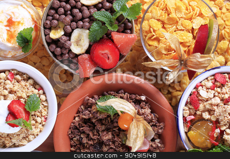 To use this stock image in your creative project, please select the size you need over to the right and click the "Add to Cart" button.
Your downloaded image will come with the Cutcaster watermark removed so don’t worry about the watermark you see on this page. Assorted breakfast cereals stock photo, Various types of breakfast cereal - overhead by Digifoodstock